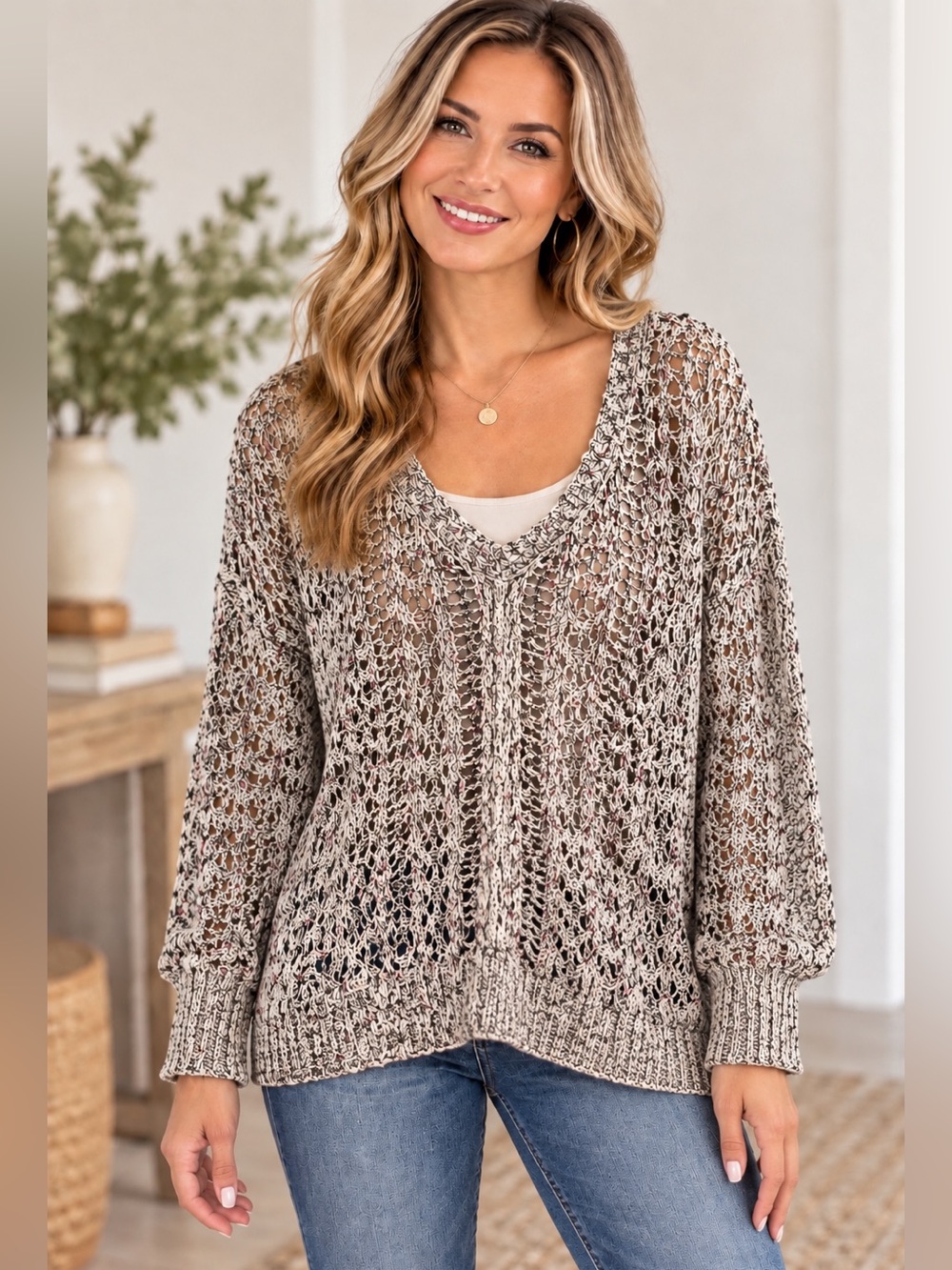 POL Open Knit Oversized V-Neck Sweater Boho Neutral Layering Top